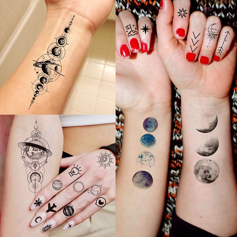 COKTAK 28 Sheets Outer Space Temporary Tattoos For Kids Women Men, 3D Fake Realistic Star Sun Moon Tattoo Stickers Boys Girls, Long Lasting Geometric Planets Universe Tattoos Neck Small Solar System - Image 5
